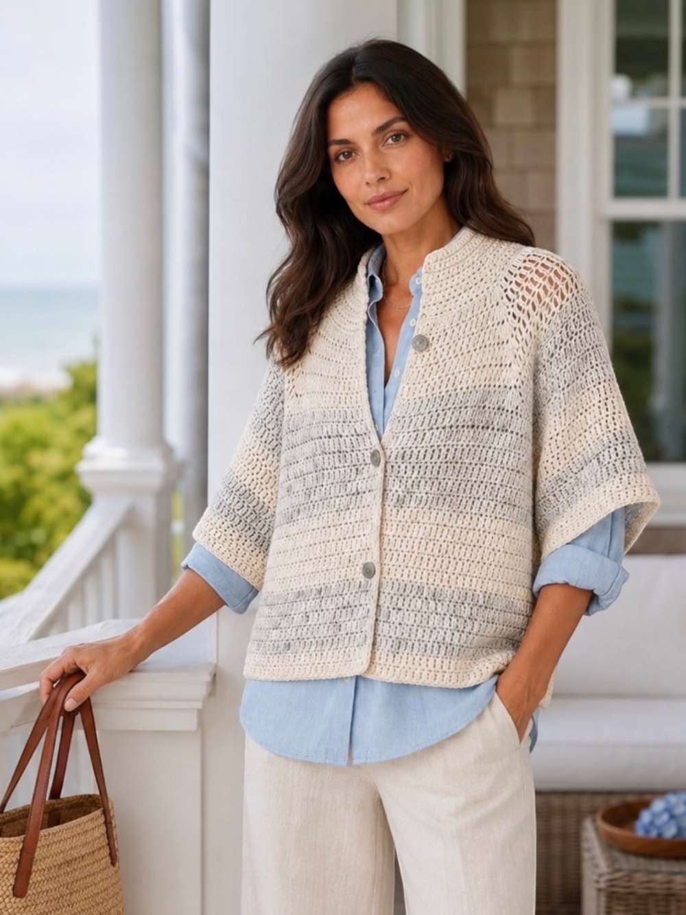 Vintage Handmade Crochet Cardigan Mock Neck Crest Button Tweed Knit Cozy Sweater